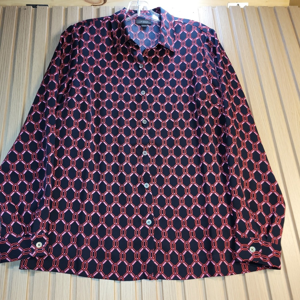 J. Jill Wearever Easy Care Geometric Link Print Button Down Shirt Navy Pink S